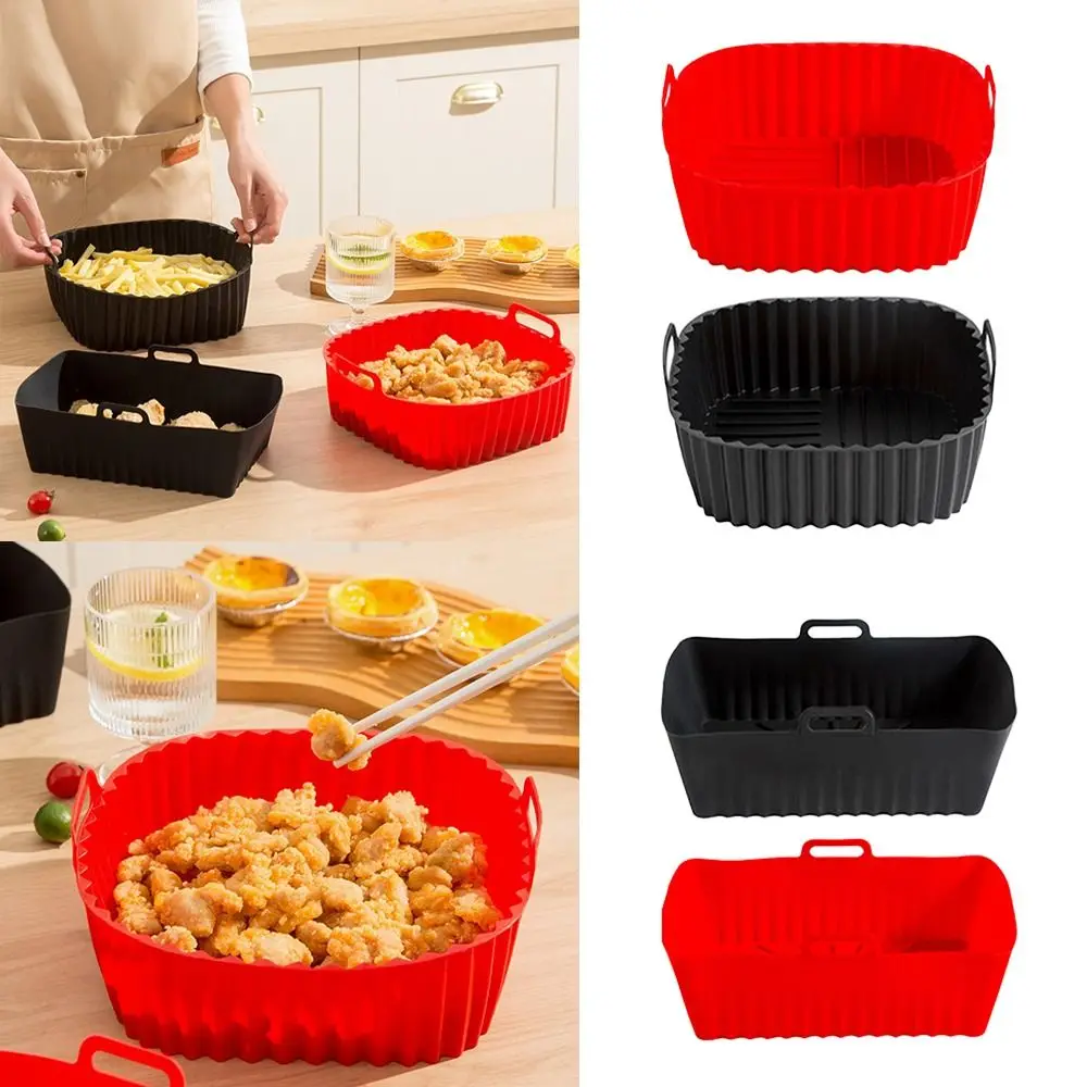 Reusable Silicone Air Fryer Liners for 4-7 QT Black Red Square Air Fryer Mat with Handle Air Fryer Basket Mat Baking