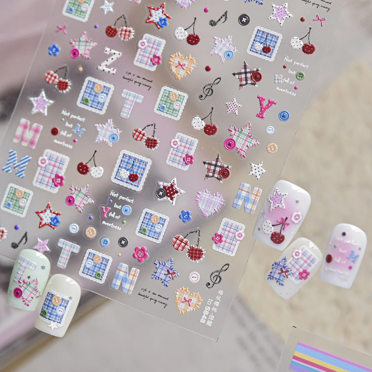 Fabric Button Plaid Cloth Patch Colorful 5D Nail Stickers Square Heart Applique Cherry Music Note Star Cute Self Adhesive Decals