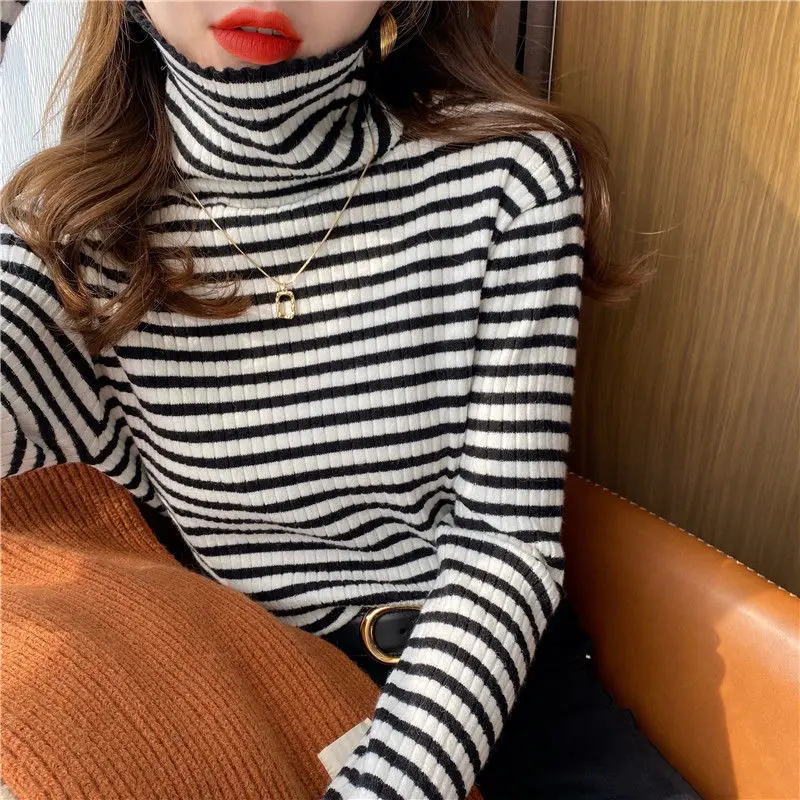 Women\'s Clothing Autumn Winter Striped Contrast Color Pullover Sweater Turtleneck Knitted Long Sleeve Elegant Casual Tops