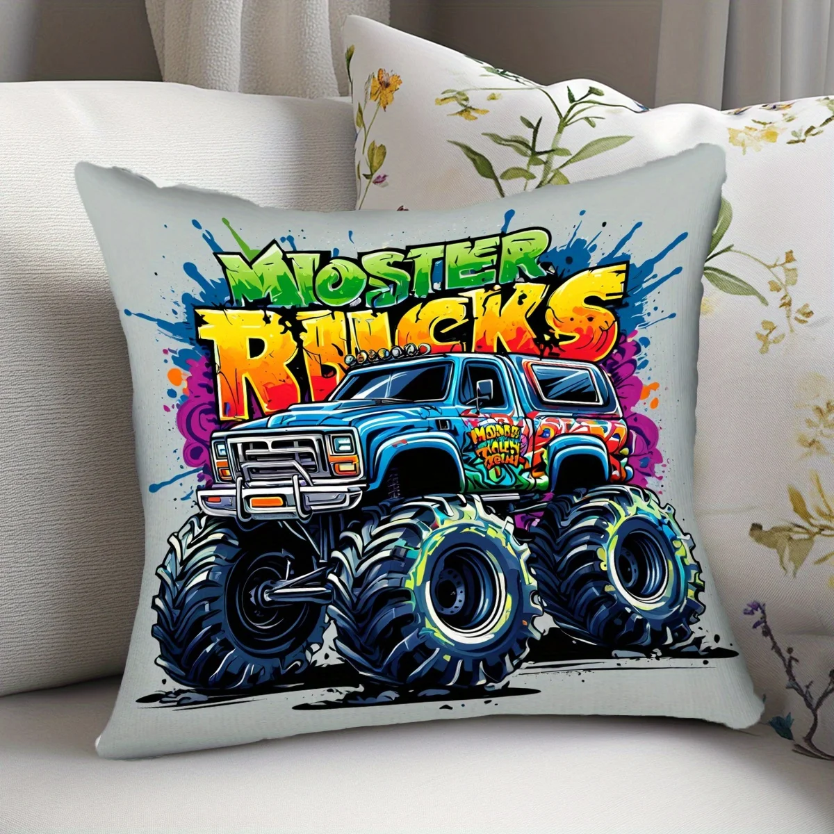 1pc Colorful Monster Truck Splash Print Pillow Cover, Rustic Style, Perfect Birthday Gift Decor