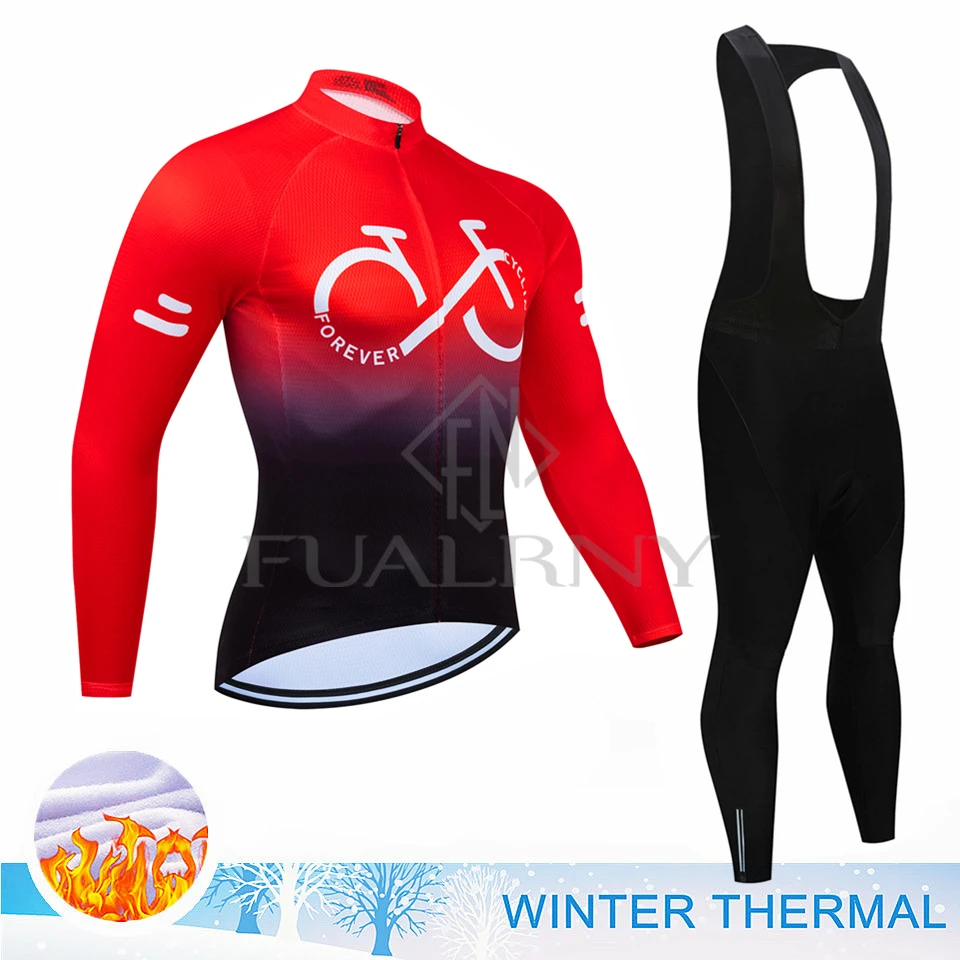 New Forever Cycling Winter Thermal Fleece Cycling Jersey Set Cycling Clothing Long Sleeve Men Road Bike Suit MTB Maillot Culotte