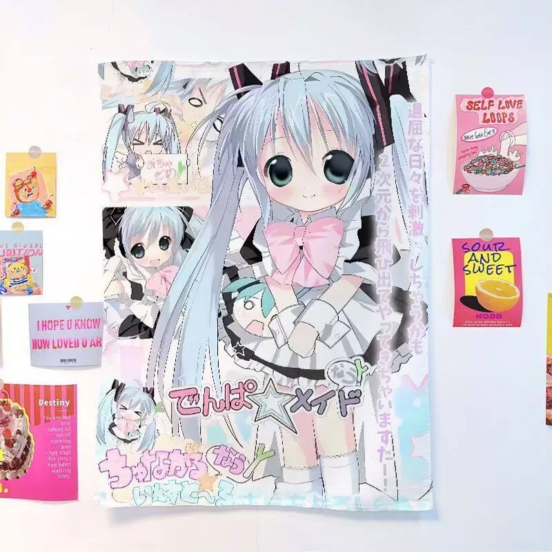 VIKAMA Cute Otaku Anime Tapestry Blue Hair Maid Girl Cartoon Print Wall Hanging Kawaii Dormitory Background Cloth