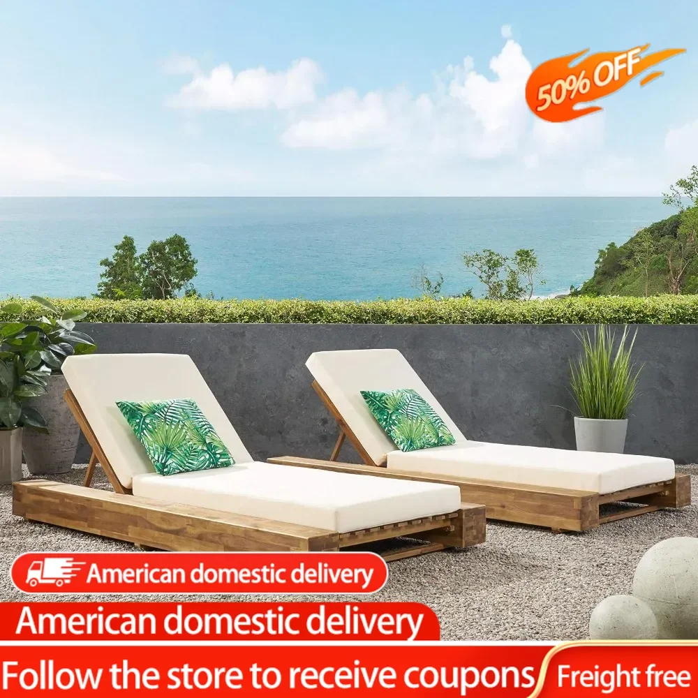 Cream Chaise Lounge Chair Outdoor Acacia Wood Chaise Lounge and Cushion Sets (Set of 2) Deck-chair Recliner Reclining Living