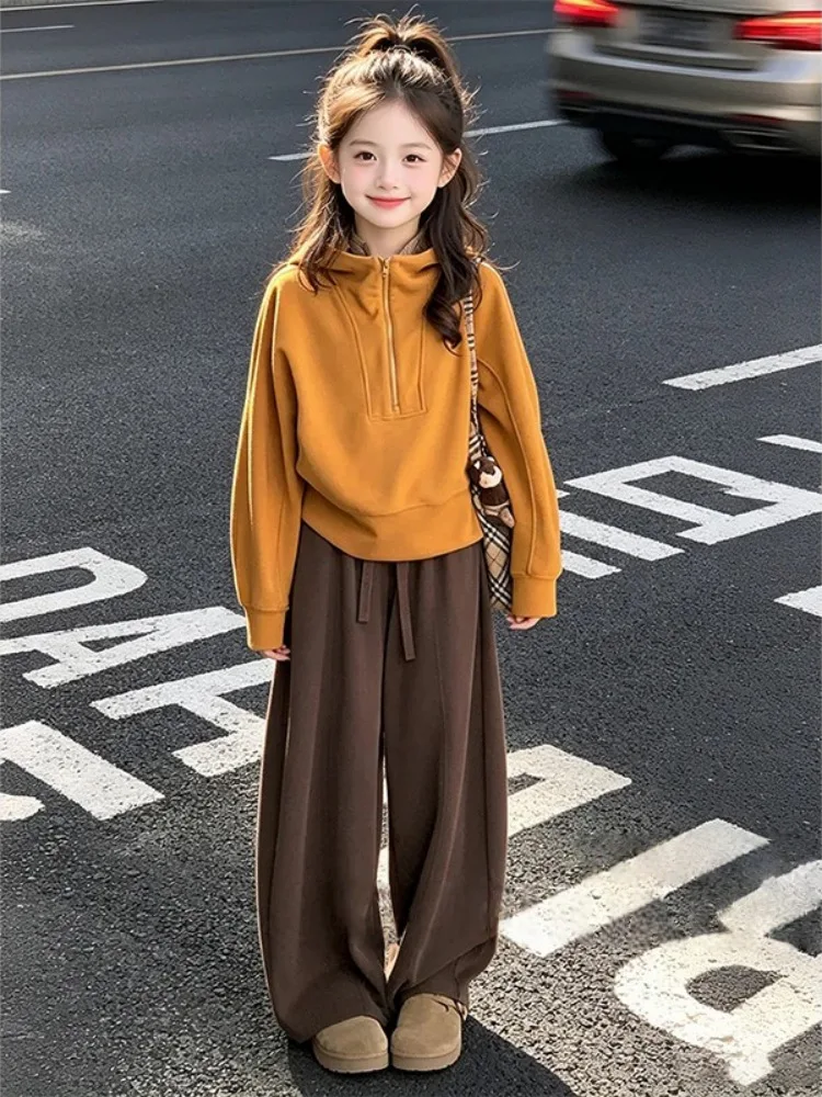 Autumn Winter Girls Child Set Turtleneck Teens Orange Crop Top Sweatshirt with Wide Leg Pants Camel Tracksuit for Ages 4-14