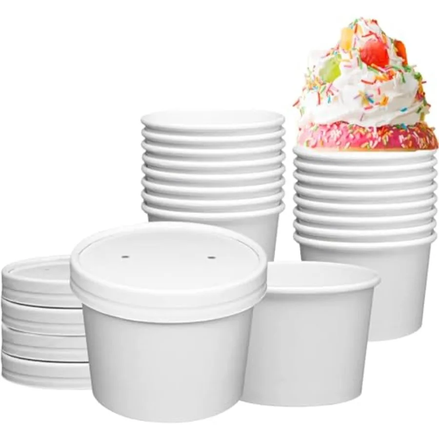 250 Sets White Paper Food Containers With Vented Lids, To Go Hot Soup Bowls, Disposable Ice Cream Cups