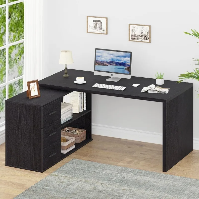 Black L Desk with Drawers Shelves, Large Reversible L Shaped Desk with Storage Cabinet, Corner Home Office Computer Desk