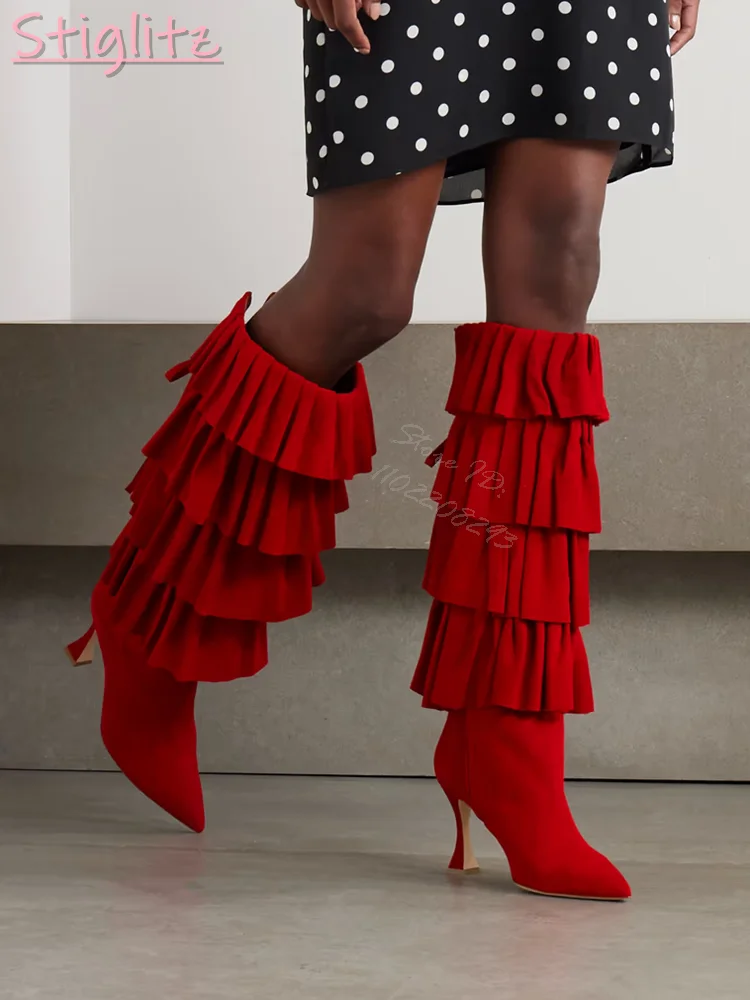 

Sexy Red Ruffles Knee-high Boots Back Butterfly-knot Solid Pointed Toe Side Zipper Stilettos Boots 2025 New Women Fashion Shoes