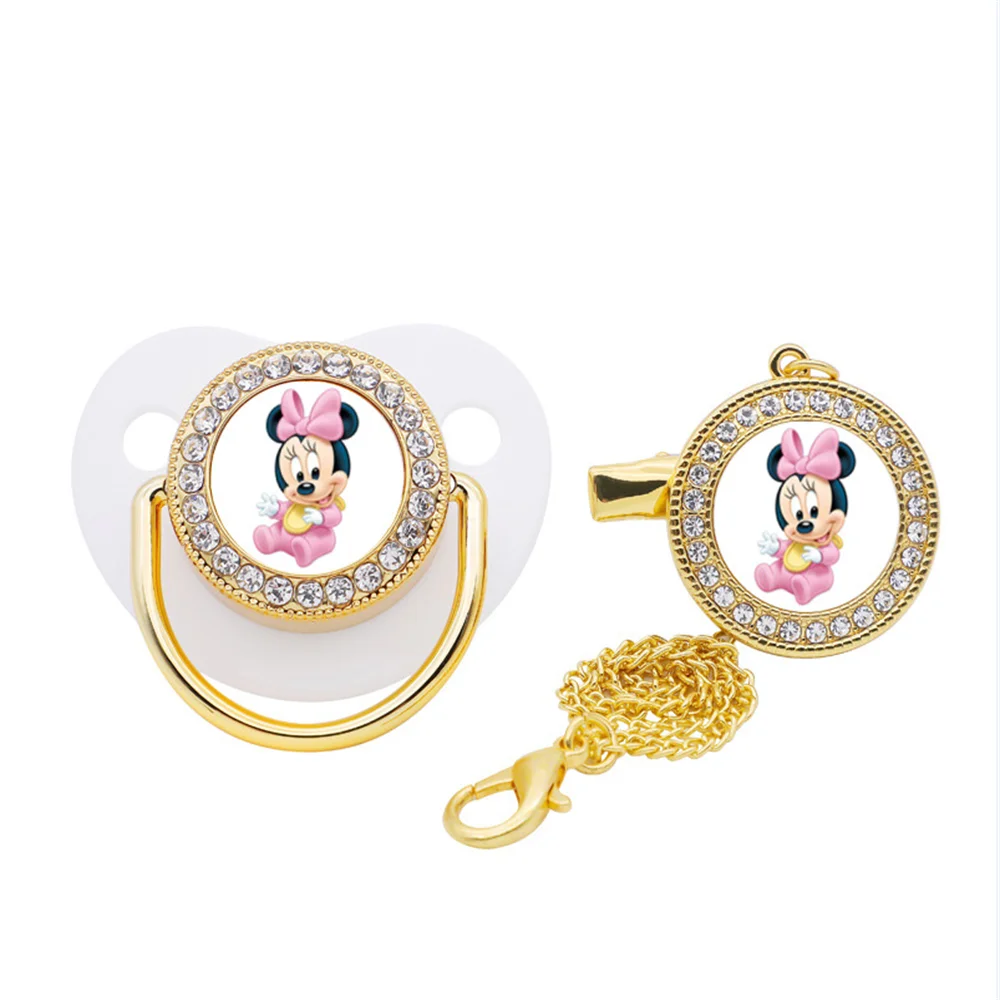 Pink Minnie Mouse Bling Baby Pacifier for Newborn Babies Rhinestones Disney Characters Print Pacifier Clips Dummy Holder Babies