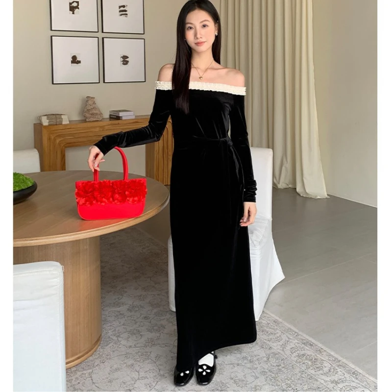 

Черное бархатное лоскутное кружевное эластичное элегантное платье на одно плечо, женское модное простое винтажное длинное платье для французского ужина