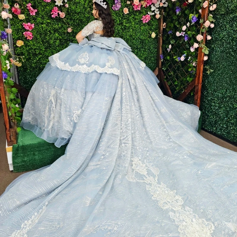 

Sky Blue Quinceanera Dresses Off The Shoulder Applique Lace Beading Crystal Bow Tull Corset Party Birthday Sweet 16 Dress