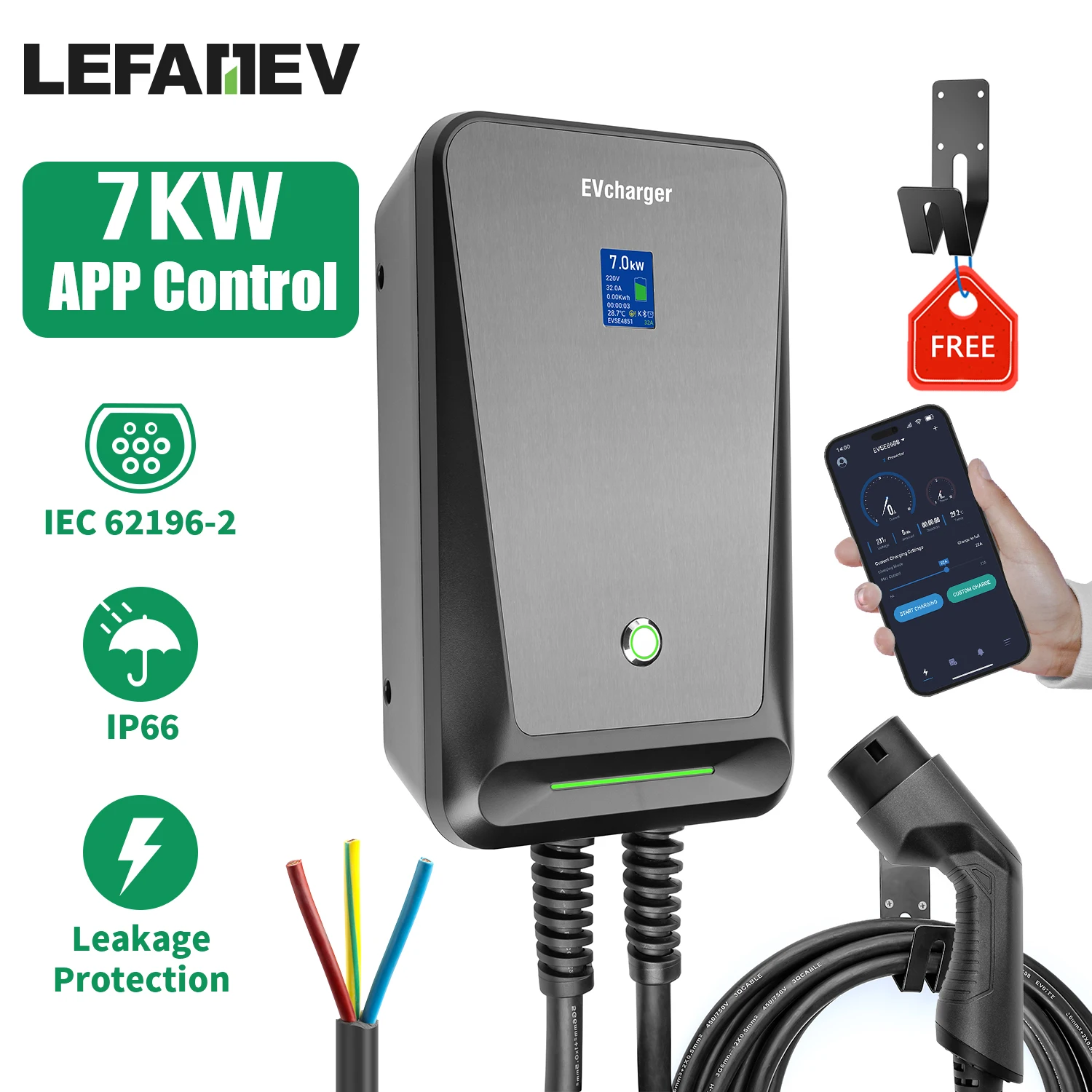 EV Charging Station 32A 7KW Electric Vehicle Car Charger EVSE Wallbox 11KW 22KW 3Phase Type2 Cable IEC62196-2 Socket APP Control