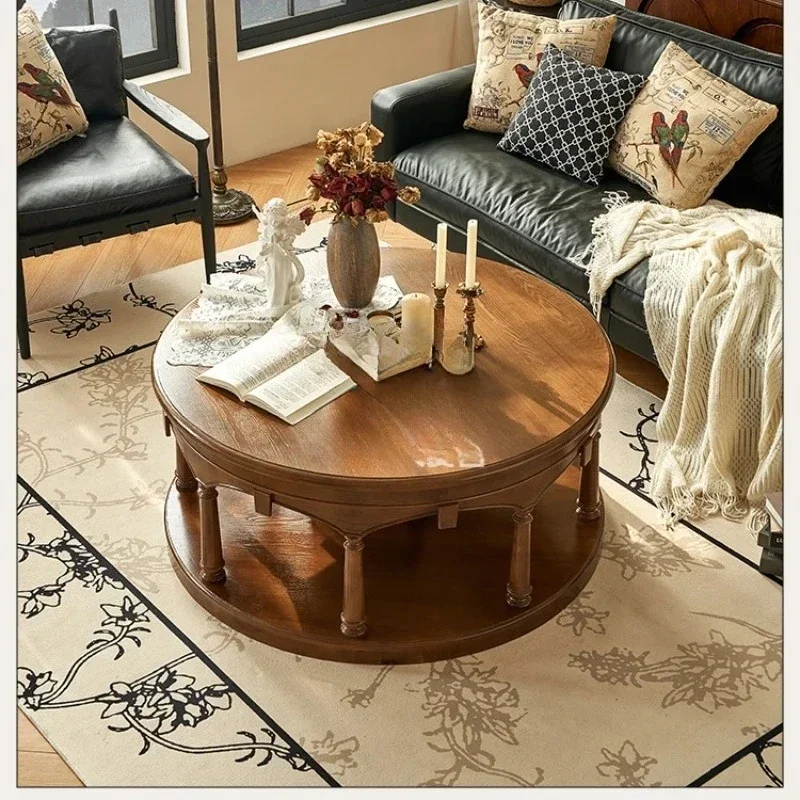

French retro solid wood coffee table round living room home art American medieval style