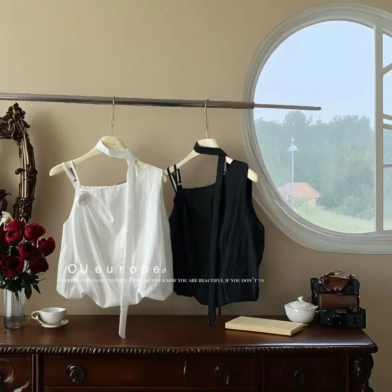 New Style French Three-dimensional Suspender Flower Vest Women's Sloping Shoulder Beautiful Unique Top