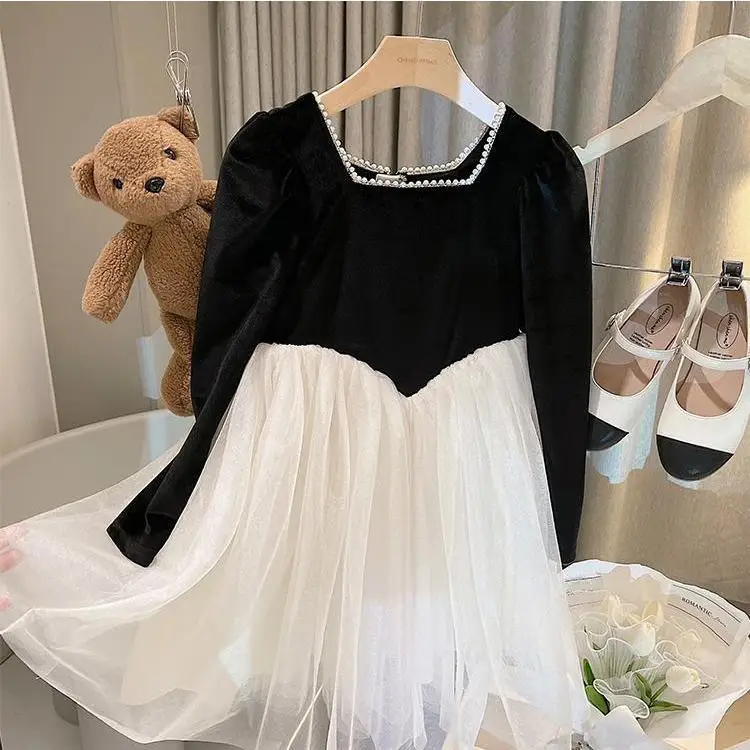 

Girl Kids Spring Autumn Birthday Dresses Children Clothes Vestido Girls Baby Velvet Mesh Princess Dress Beaded Collar Elegant