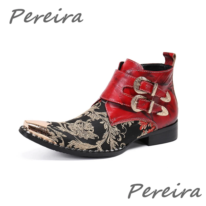 

Red Metal Pointed Toe Men's Chelsea Boots Belt Buckle Embroidery Side Zipper Short Booties Banquet Party Wedding Formal Shoes