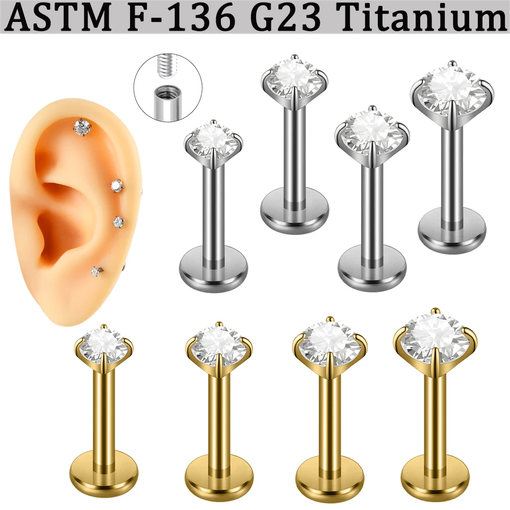 5/1PCS F-136 Implant Titanium Different Size CZ Zirconia Labret Lip Stud Internal Threaded Cartilage Helix Lobe Piercing Earring