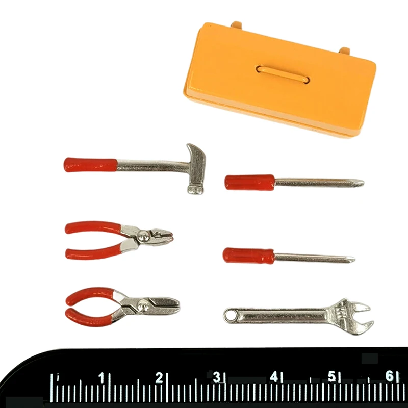 1Set Puppenhaus Miniatur Werkzeugkasten 【Werkzeugkasten + 6 Werkzeuge】Handgefertigte Werkzeuge Sets Modell Möbel Zubehör Puppenhaus Dekor Spielzeug Geschenk