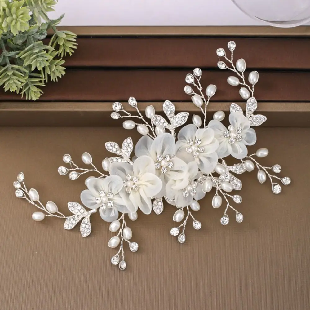 Gold Silver Color Women Hair Pins Pearl Crystal White Silk Flower Bridesmaid Hair Clip Handmade Bride Tiara