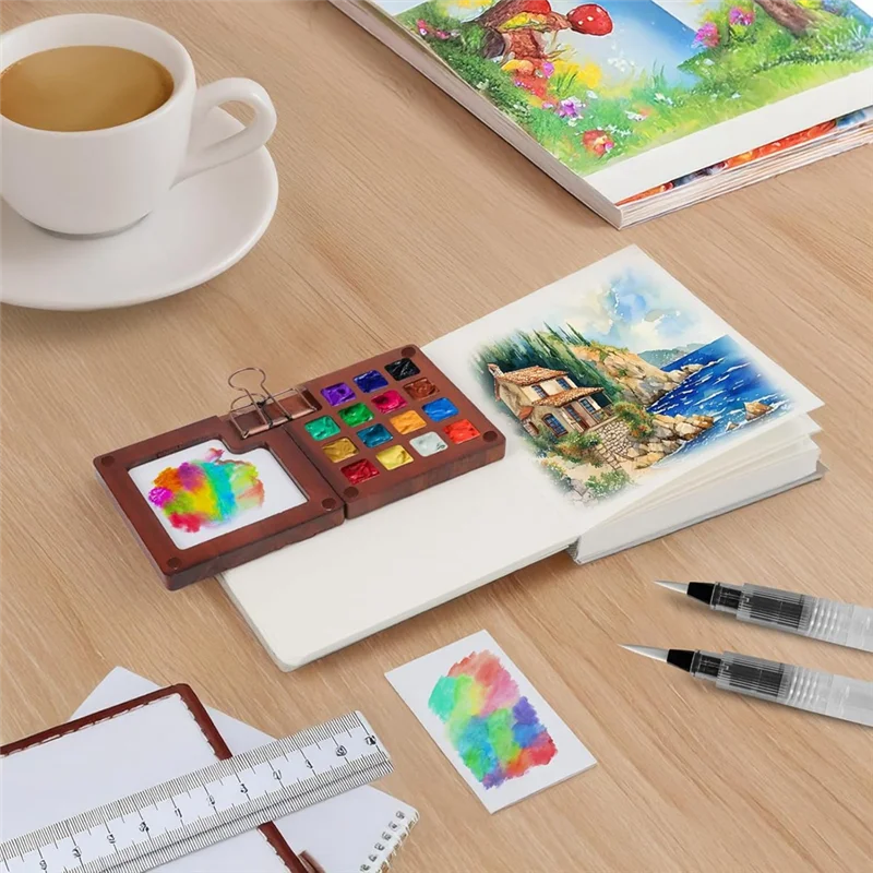 

Мини-набор акварельных красок FYBL-Mini, портативная палитра красок, дорожный набор, 15, деревянная коробка для красок с сеткой, книга для эскизов с кисточками