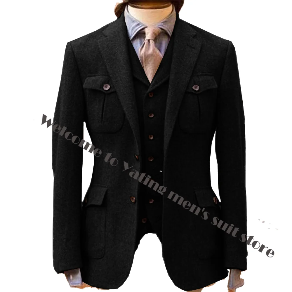 Herringbone Pattern Men\'s Suit 3-piece Pants Vest Jacket Business Formal Blazer Handsome Men Outfit