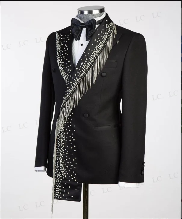 Fashion Men Suits 2 Pieces Blazer Peaked Lapel Diamonds Beads Tassel Prom Formal Tuxedos Wedding Party Groom Plus Size Tailored