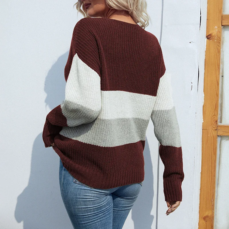 2024 Autunno Inverno Maglione da donna Top Donna Contrasto Stripe Con scollo a V Pullover lavorato a maglia Lady Casual Maglieria a maniche lunghe