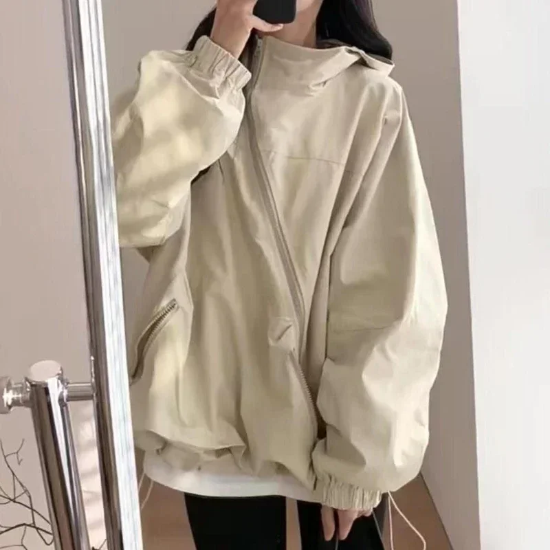 المرأة جاكت مزود بغطاء للرأس قطري سستة تصميم خمر الخريف فضفاض موضة Bf نمط في الهواء الطلق Chaqueta Mujer الترفيه كل مباراة سيدة #5