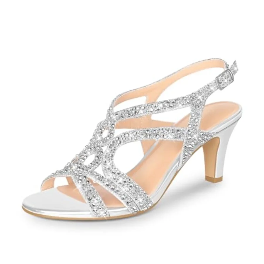 

PIZZ ANNU Women's Amelia Heels Sandals Sparkle Crystal Open Toe Slingback High Heel Sandals Dress Pumps Shoes for Party Wedding