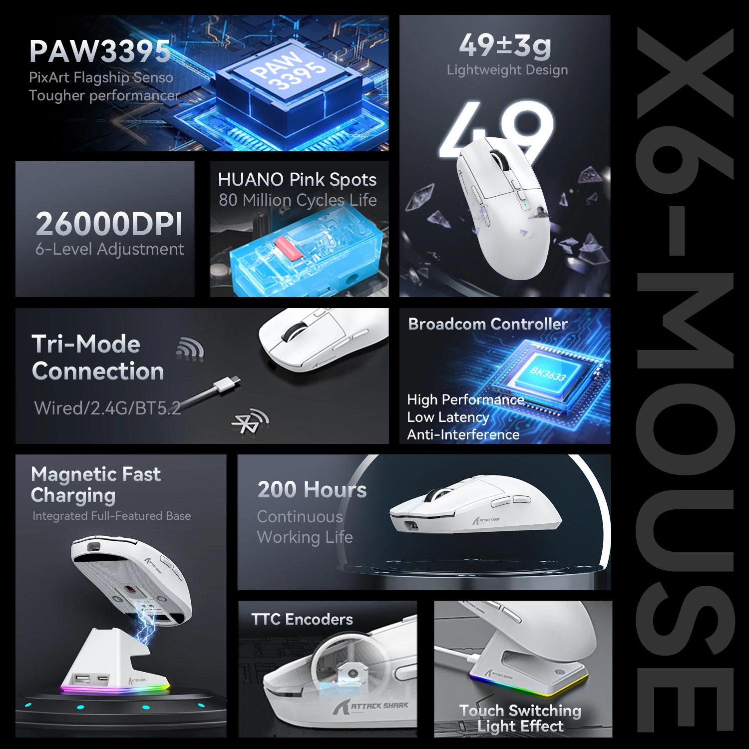 Attack Shark X6 PAW3395 Bluetooth Mouse,Tri-Mode Connection,RGB Touch Magnetic Charging Base,Macro Gaming Mouse