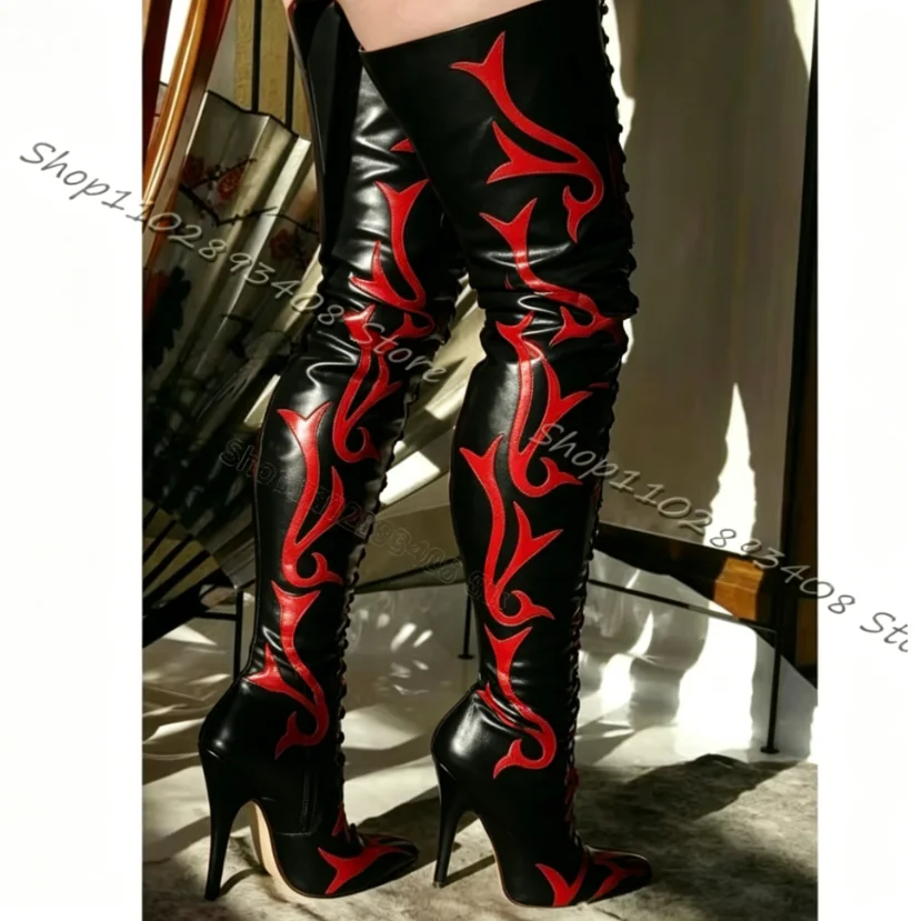 Rote Totem-Overknee-Stiefel mit Stiletto-Absatz, Kreuzband und seitlichem Reißverschluss, britischer Stil, Damenschuhe, Zapatillas Mujer