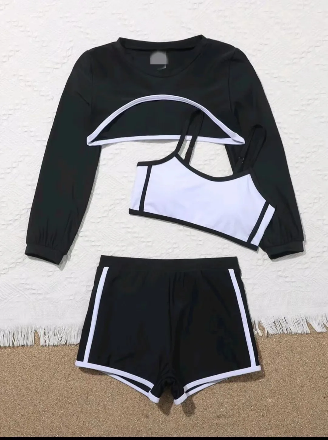 Girls 3pack Black White Sports Bikini Sets with Shorts Long Sleeve Kids Swimsuit 7-12 Years Children's Swimwear Bathing Suit