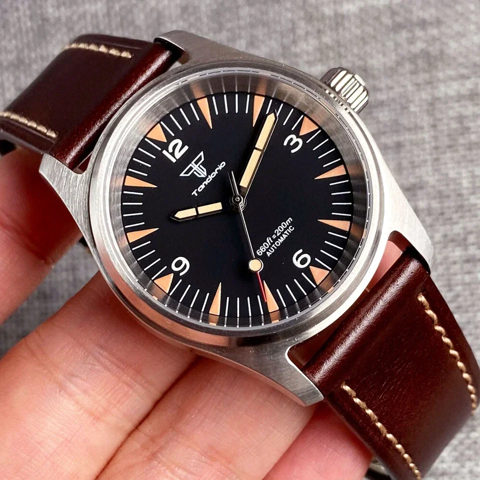 Tandorio 36mm Pilot Sapphire Glass 200M Waterproof Black Dial Butterfly Clasp Automatic Asia2824 Miyota8215 Movement Men Watch