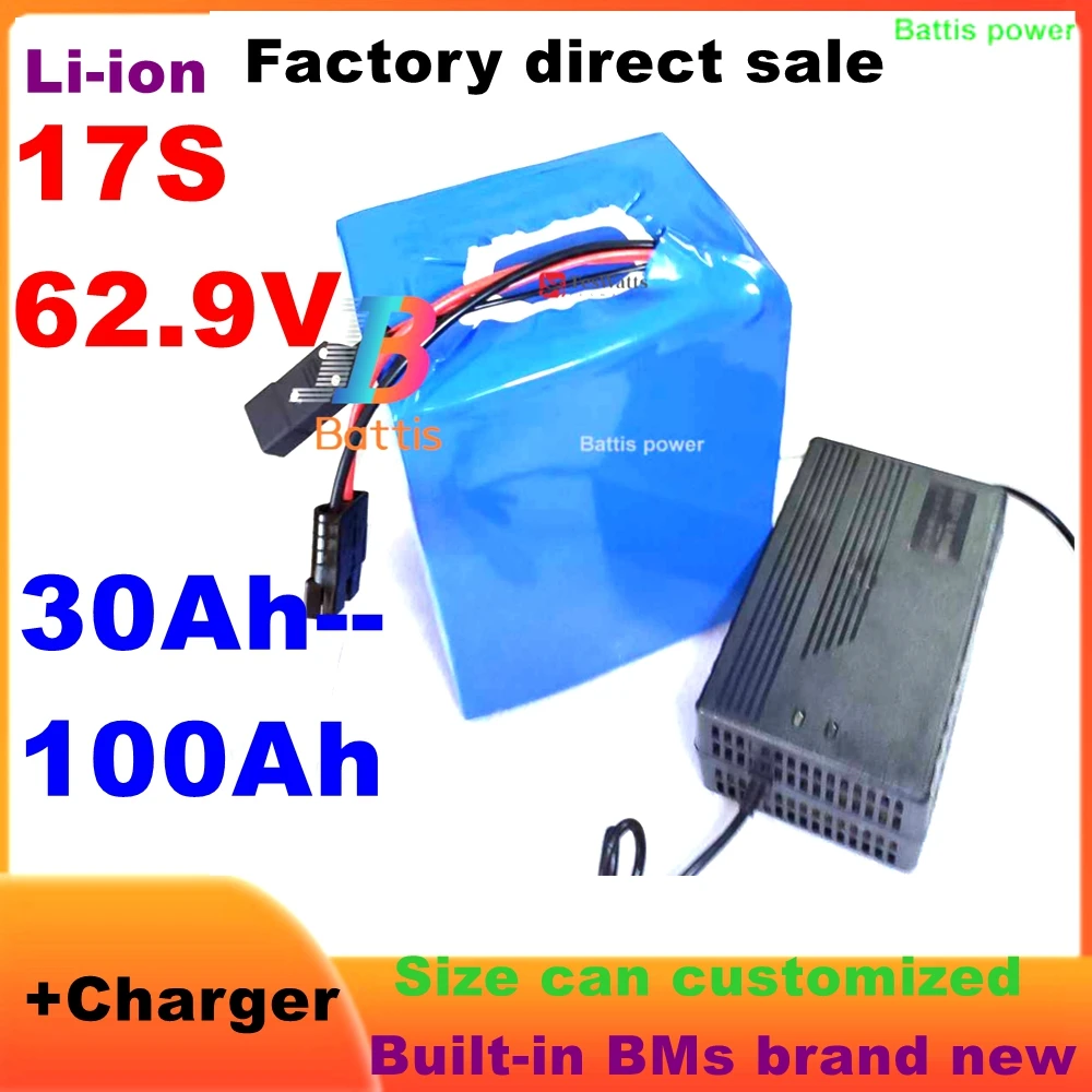 60v 80ah 40Ah 62.9V 100Ah li-ion battery BMS 17S 30Ah 62.9V 50Ah 60Ah lithium for 3000w scooter bicycle motorcycle + charger