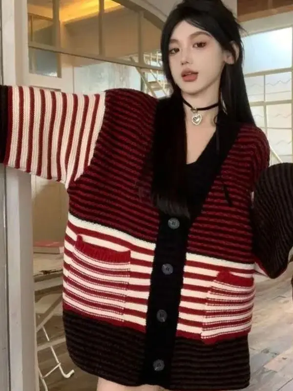 Retro Rot Gestreifte Gestrickte Offene Strickjacke Pullover Lose Lange Sve Farbe Blo Strickwaren Trendy Lazy Sle Damen Faion