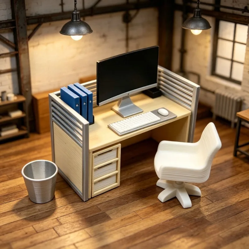 3D Printed Miniature Mini Office Set with Desk Chair Ornament Dollhouse Workstation Diorama Desktop Decor Cubicle Diorama Funny