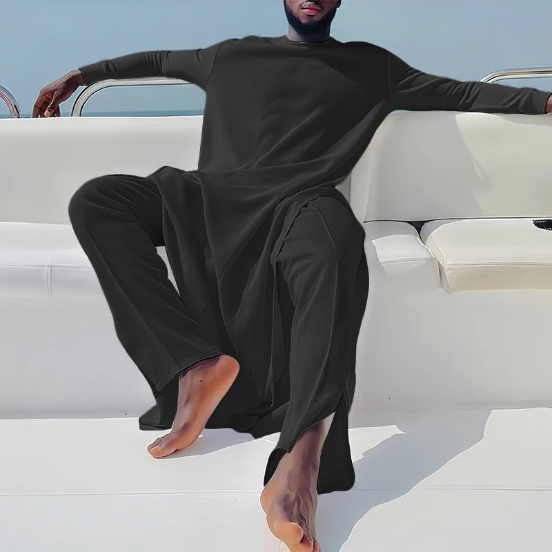 

INCERUN Мужские комплекты Однотонная футболка с длинным рукавом и брюки Комплекты из двух предметов Свободная уличная одежда Модные повседневные мужские костюмы