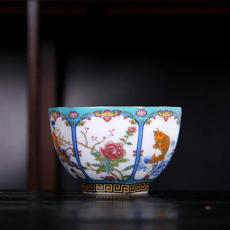 Cloisonne Enamel Hexagonal Master Tea Cup Wealth Symbol New Chinese Style Kung Fu Tasting Single Cup Home Office Gift