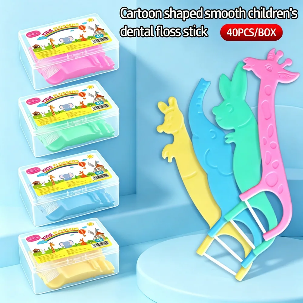Cartoon-Zahnseide-Sticks für Kinder, 40 Stück/Box, Flache Einweg-Zahnseide-Beutel, Tragbare Mundpflegeprodukte für Kinder