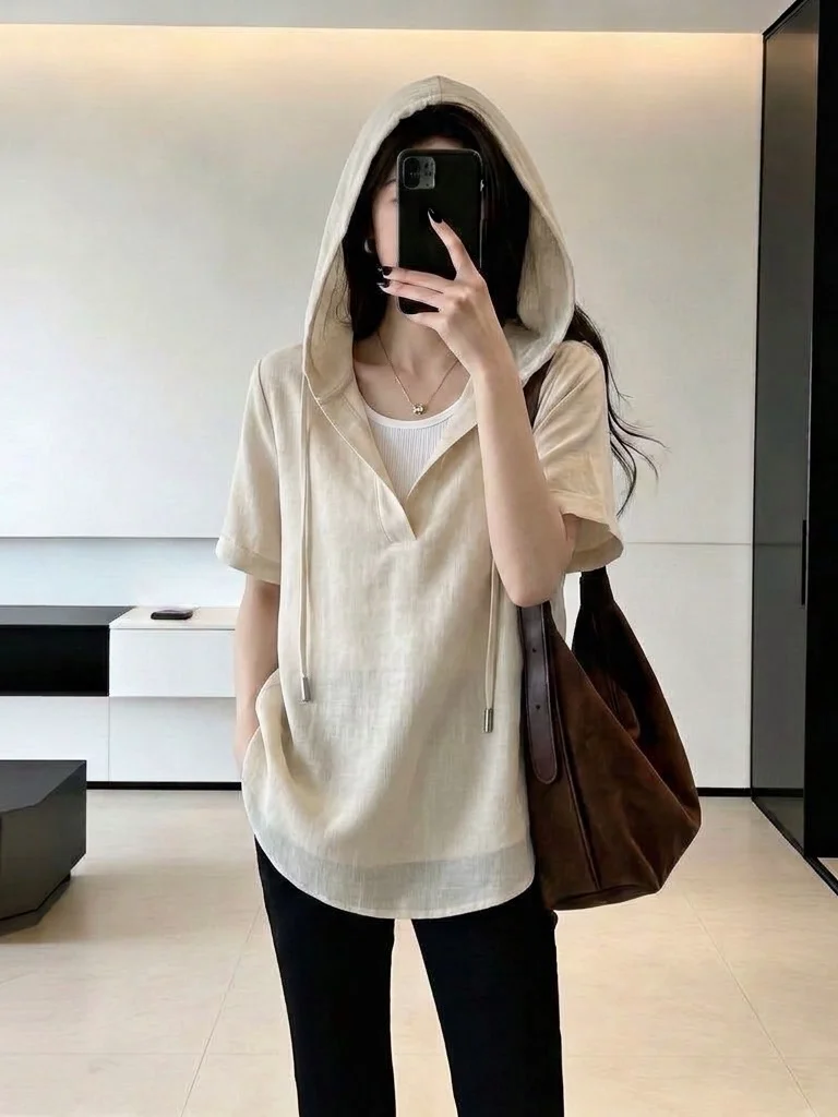 Slimming Effect Summer New plus Size Women's T-shirt with Hat Shoulder Length Short Sleeve Commute Style Korean Loose Fit