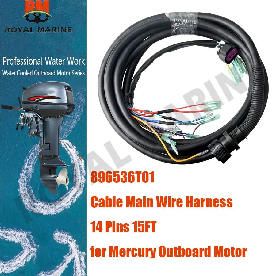 896536T01 14 Pins 15FT Cable Main Wire Harness for Mercury Outboard Motor 14P Remote Control Repalces Part