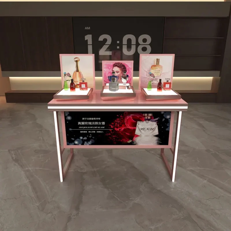 custom.Luxury Modern Cosmetic Display Cabinet with LED Lighting Customizable Color Retail Store Decor
