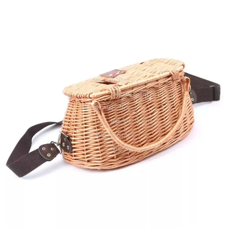 

Hand-Woven Vine Fish Basket & Wooden Lidded Fishing Bucket - Traditional Fish Guarding Cage for Angling