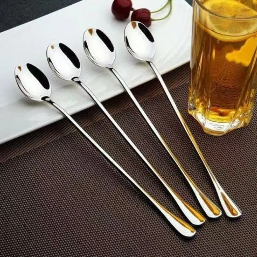 Cuillère à long manche de 20cm, cuillère à café en acier inoxydable, cuillère à mélanger pointue, cuillère à bout rond, cuillère à glace, 6 pièces