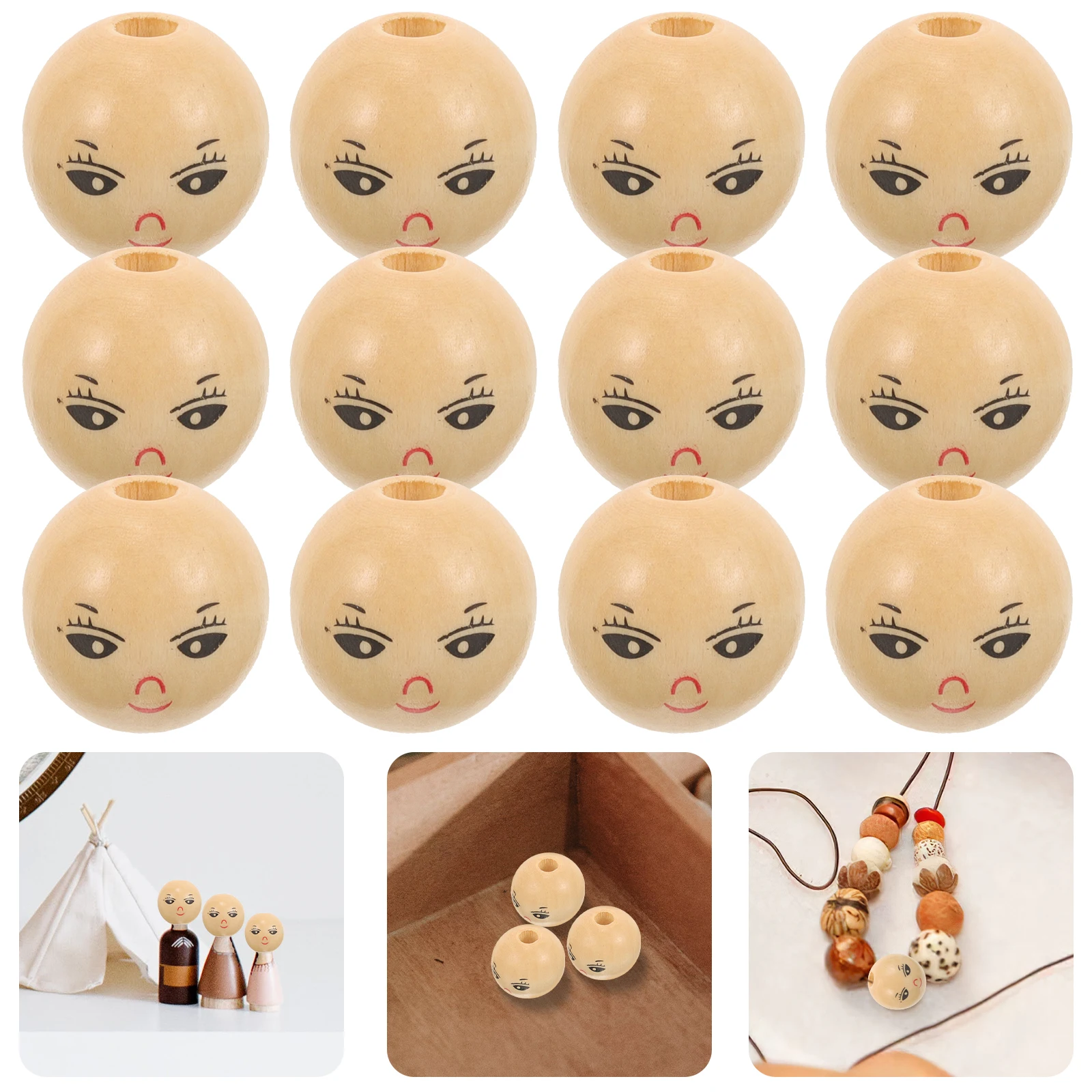 

50pcs Round Wooden Beads Smile Face Spacers Wood Loose Beads Round Spacer For Bracelet Necklace Pendant Crafting