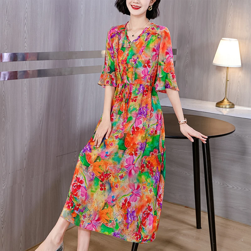 

Summer Print Silk Short Sleeve V-Neck Midi Dress Women Korean Suitable Dresses on Request 2024 Chic Luxury Elegant Party Dresses