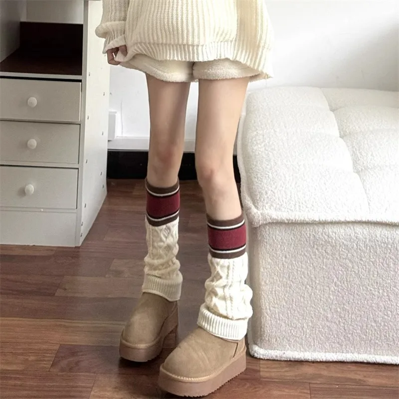 Beige Stripesknitting Socks Set Diamond-shaped Heattech Pile Socks Fall and Wintereasiest for Matchknee Socks Socks Y2k Hot