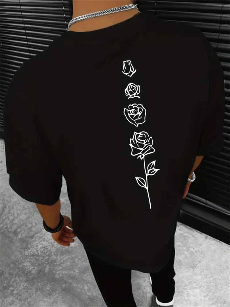 Men's Summer Fashion Casual Loose Large-sized Round-neck Short-sleeved T-shirt with Rose Flower Pattern Printed on It