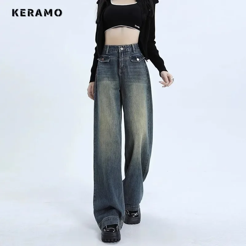 Retro High Waist Grunge Street Jean Pockets Hip-hop Baggy American Casual Pants Women's Emo Y2K Washed Baggy Denim Trouser