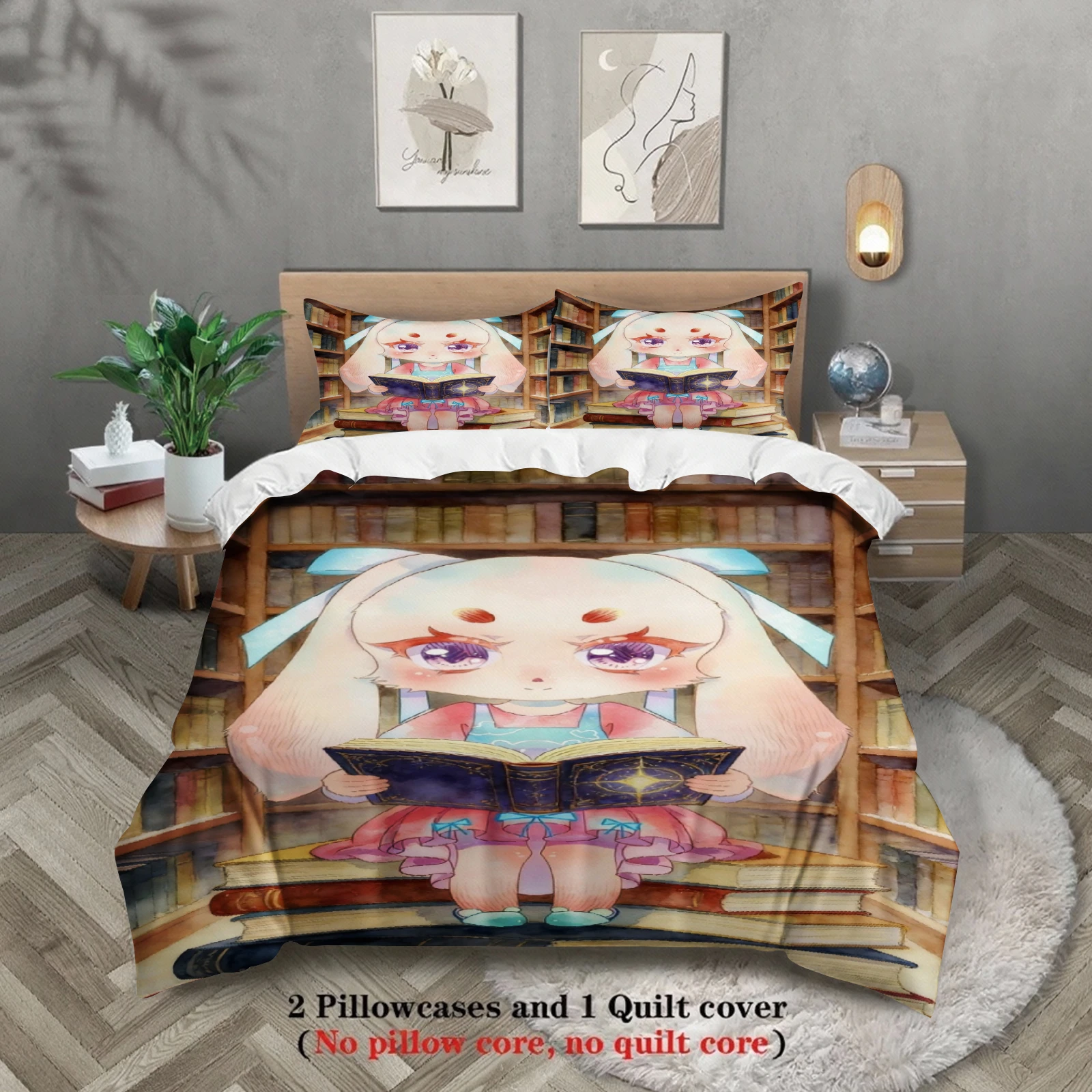 Softville Cozy Town 3PCS Bedding Sets Lop Rabbit Reading A Book Printed Duvet Cover No filling Cartoon Style Queen King Size