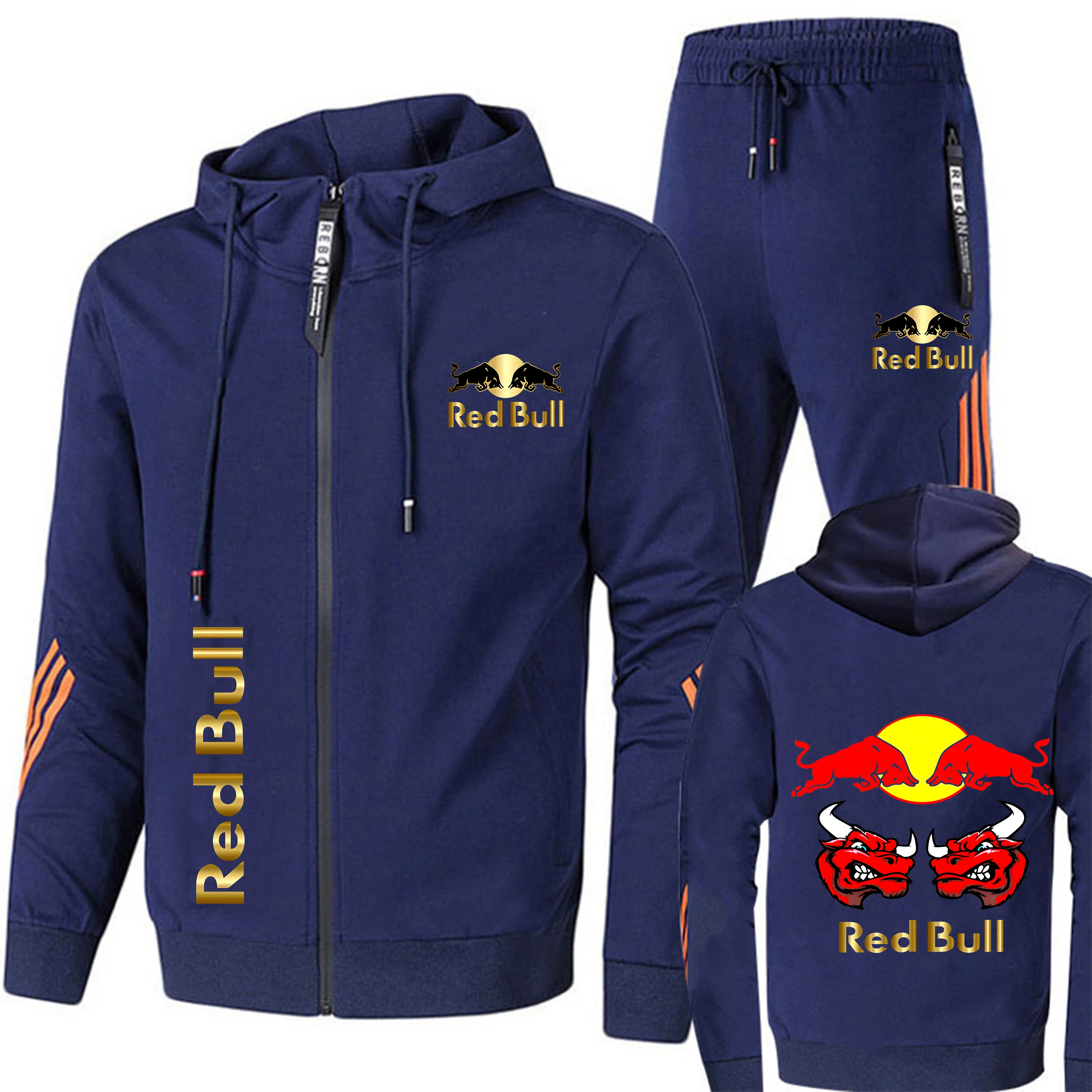 

New Red Bull Racing Logo Men's Sports Hoodie Set Zipper Sweatshirt+Pants Two Piece Set Extreme Sports Custom Red Bull Sports Set